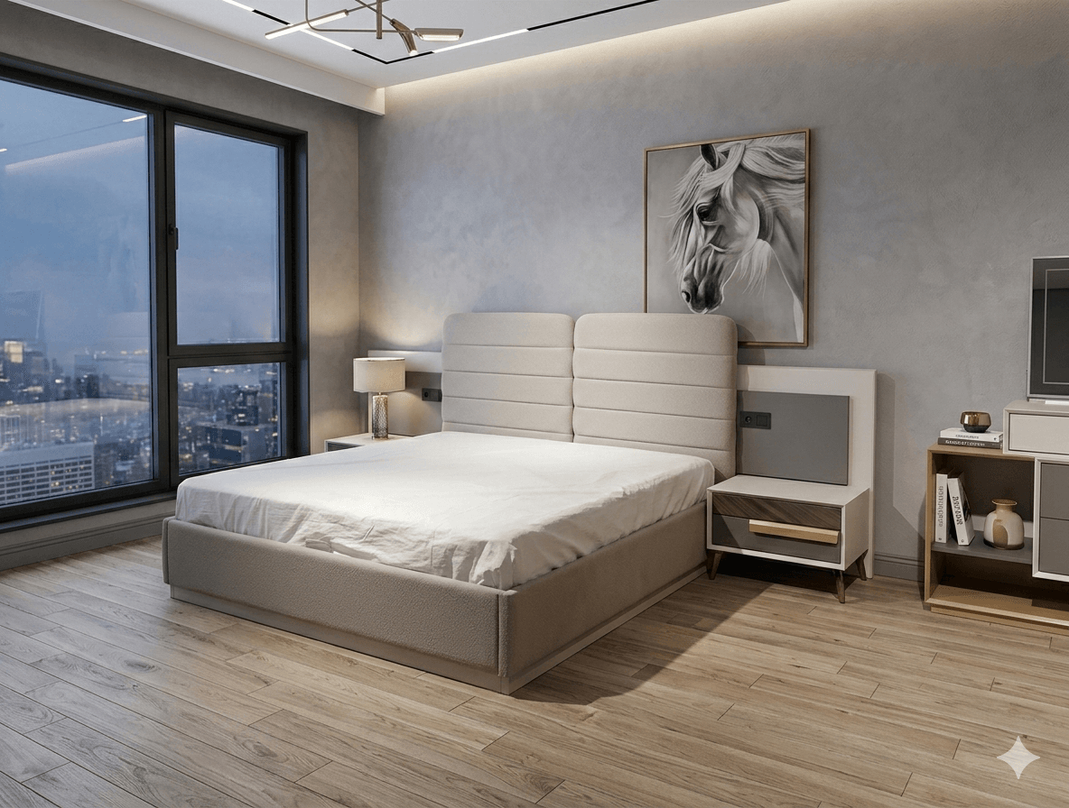 Bedroom Set Bed + 2 Nightstands Dresser With Mirror + Pouf Bed: 188x212cm Hb: 190x127cm Ns: 75x47x101cm Dr: 155x50x91cm Mr: 92x100cm