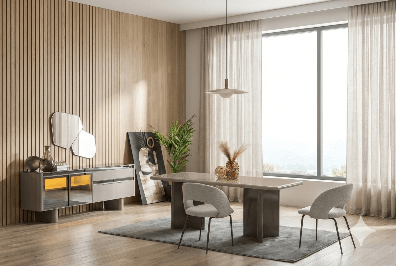 Buffet Reflective Glass And Led Shiny Grey 220x47x83cm+buffet Mirror Set 120x60cm