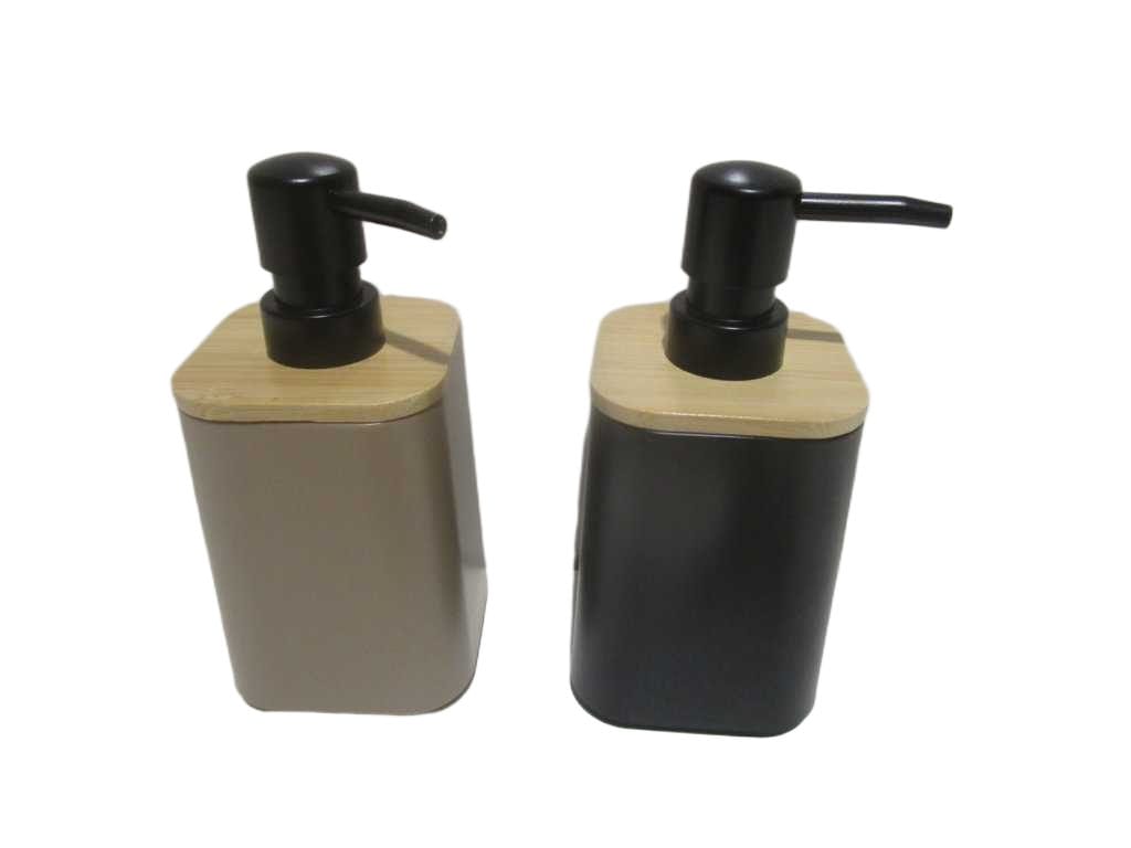 Soap Dispenser Taupe+black Ps+bamboo 8x8x16.9 Cm