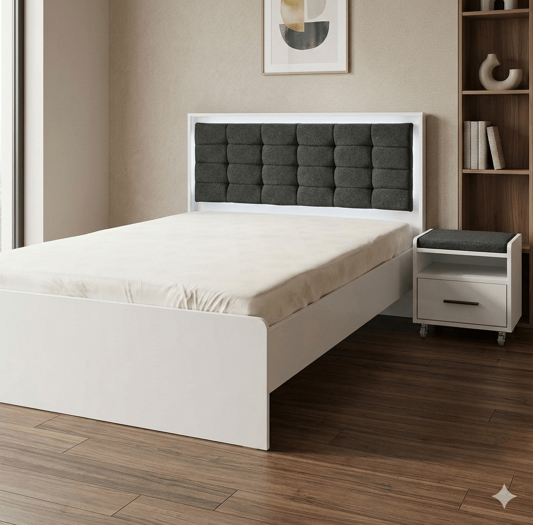 Kids Bed Atlas White (Grey Fabric)+ Nightstand White Bed: 120x200cm Ns: 45x40x46cm