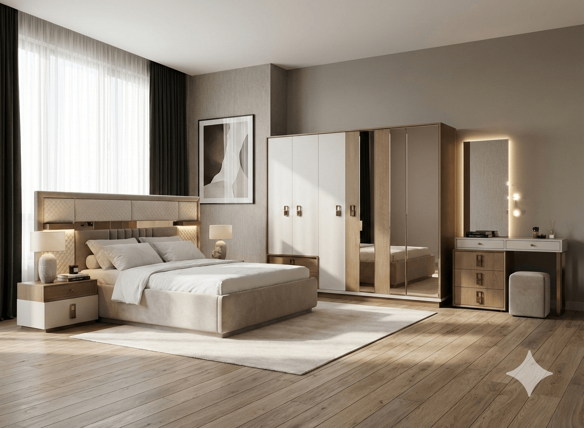 Bed 180x200 + 2 Nightstands + Dresser Bed: 180 X 200 Ns: 55 X 45 X 47 D: 130 X 50 X 85