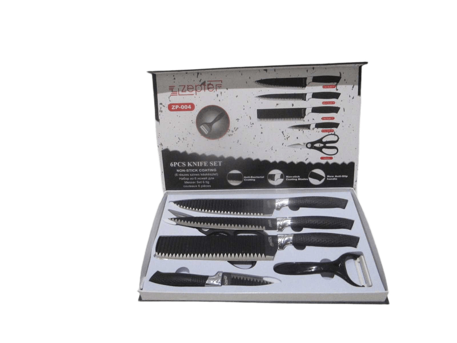 Knife Set-6pcs 2cr13 Stainless Steel Chef Knife:8'' Slicer Knife:8'' Chef Knife: 7'' Paring Knife:3.5'' Scissor 20cm Peeler Pp Handle Color Box Black 1.5mm Thickness