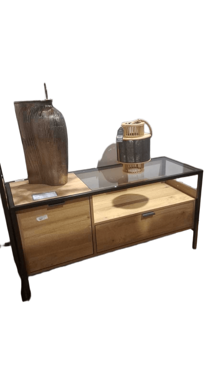 Tv Stand Melamine, Iron Frame 4.3mm Tempered Glass Iron Black/ Wood Oak 110*40*55