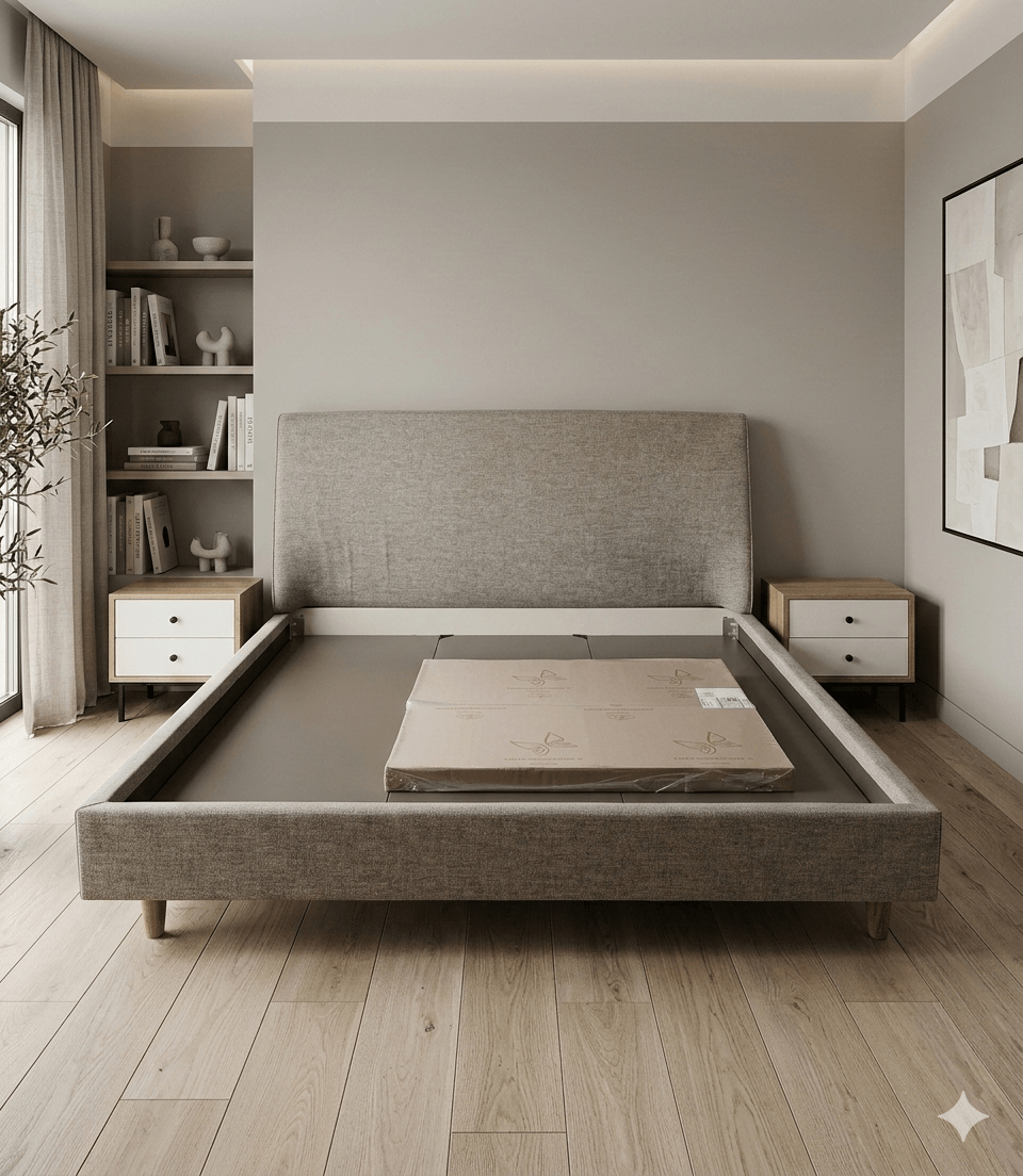 Bedroom Set Giona Full Fabric Bed 2 Nightstands + Dresser With Mirror Taupe / White / Grey Bed: 180x200cm Ns: 69x43x42cm D: 120x47x80cm M: 65x26x65cm