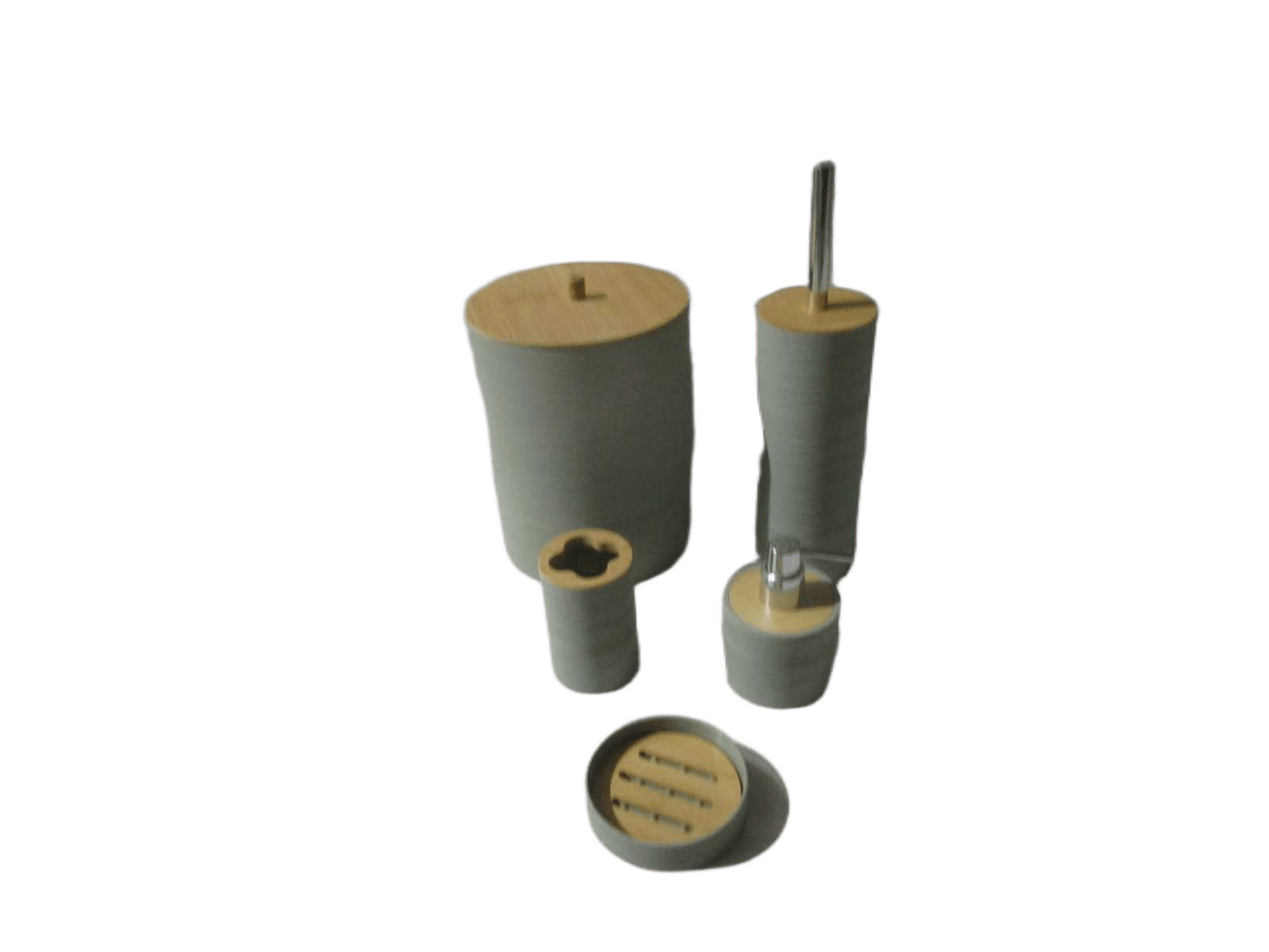 Set Of 5 Bathroom Set-Abs+bamboo Light Green Bin:19x19.h25.5 Toilet Brush:9.5x9.5xh36 Dispenser:9x9xh12.5 Tooth Brush Holder:7x7xh11 Soap Holder:11xh3 Black Box No 00352