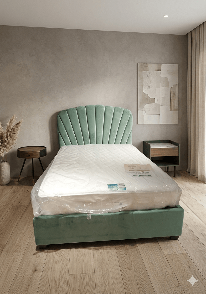 Single Size Bed-Aque Blue Mattress -1200x2000mm Whole Bed Cover In Velvet + Black Legs Without Storage Fuction