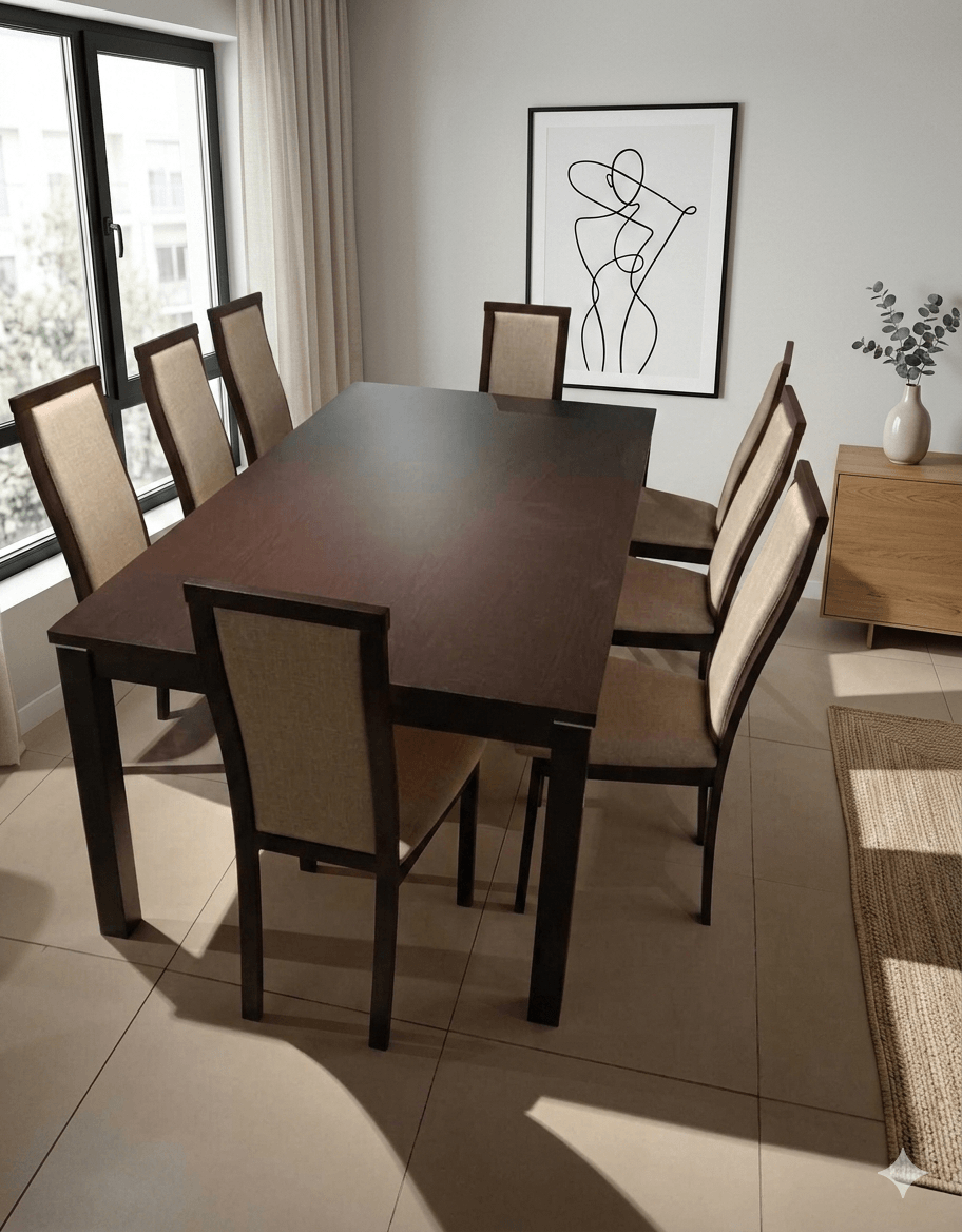 Dining Table + 8*chairs Beech Solid Wood, No Glass Wood: Burn Beech Fabric: Magnolia T: 2000*1000*745 C: 450*535*1000