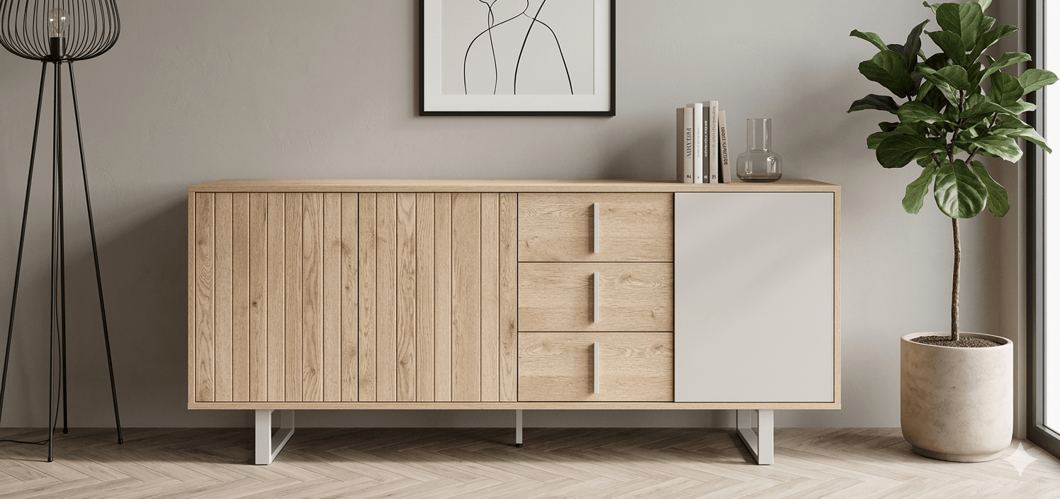 Buffet Melamine With 3 Doors And 3 Drawers With Metal Legs Millay 17428 Color: Roble - K/Gris 180x40x80cm