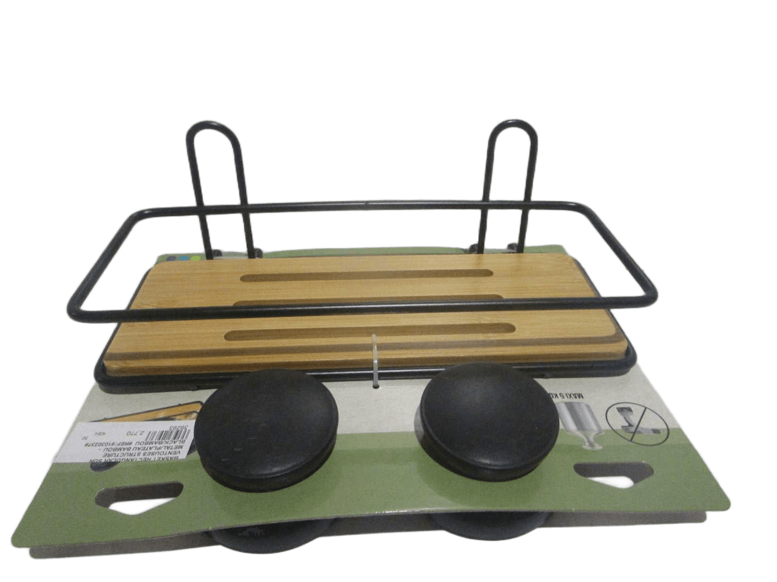 Basket Rectangular Sur Ventouses Structure Metal/Plateau Bambou - Black/Bambou