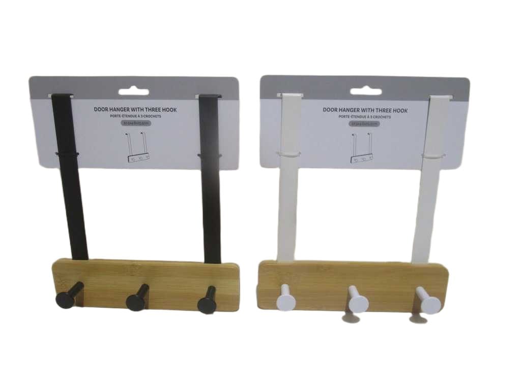 Door Hanger With Three Hook Black+white Iron+bamboo 22.5x4.8x25.5 Cm
