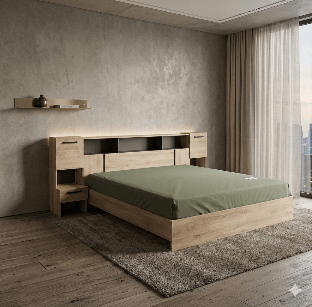 Bed 160/200 + Bed Headboard With 2 Drawers And 2 Doors