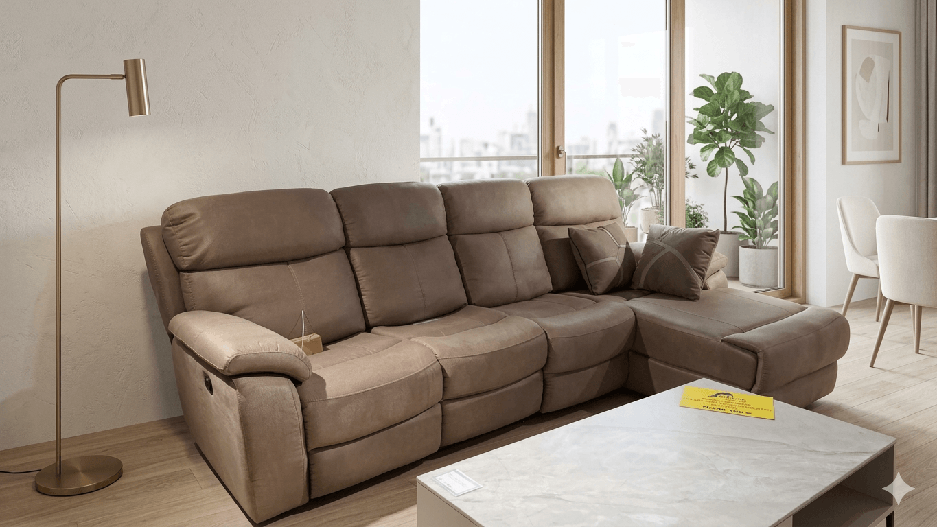 Sofa Corner Fabric 1 Recliner+2xarmless + 1 Chaise + 2 Pillow D122 Light Brown