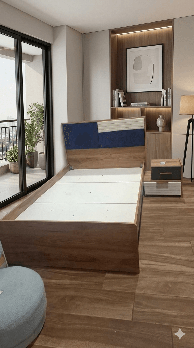 Bed Orion With Wheeled Nightstand Blue / Walnut / White Bd: 120x200cm Ns: 50x44x46cm