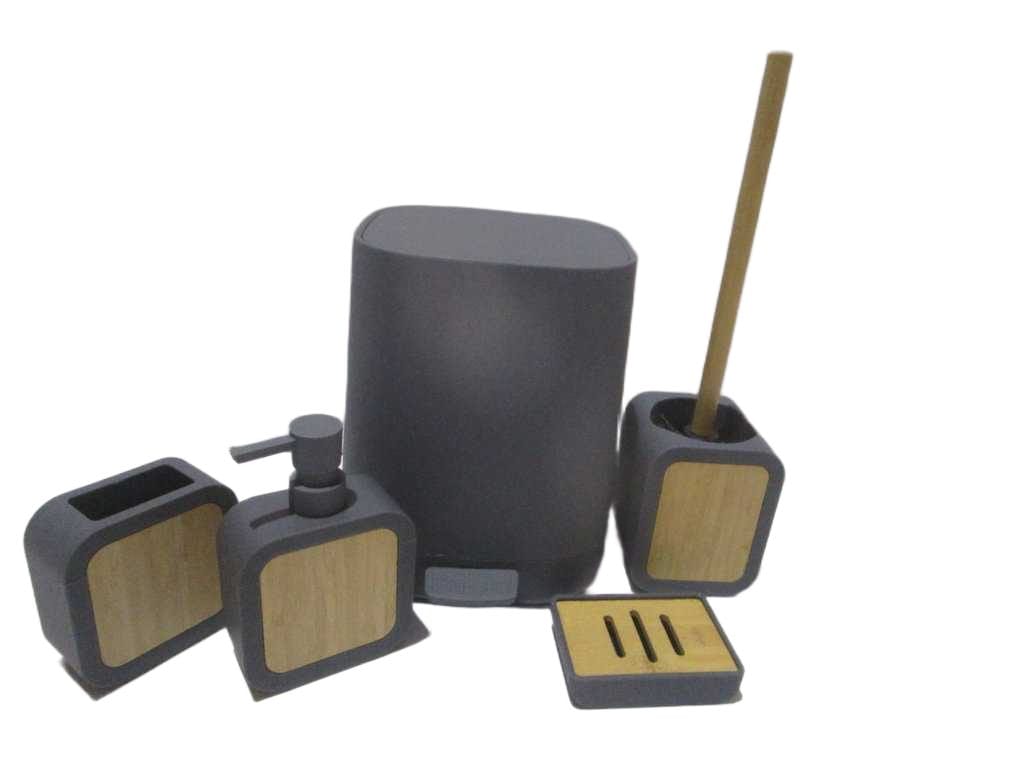 Bathroom Set Of 5 Set, Abs/Bamboo Bin+toilet Brush+dispenser+ Tooth Brush Holder+soap Holder Black Box No Dark Grey 00146