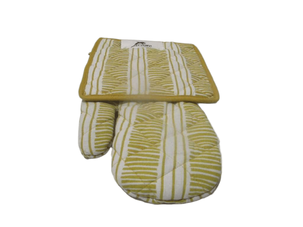 Glove Kitchen Set Of 60x32cm And Pot Holder 20x20cm - 100% Cotton 200 Gsm Polyfill Quilting Screen Printed With Piping Border