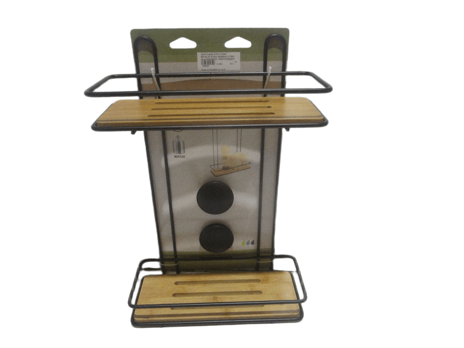 Basket Rectangular Sur Ventouses Structure Metal/Plateau Bambou 2 Tier - Black/Bambou