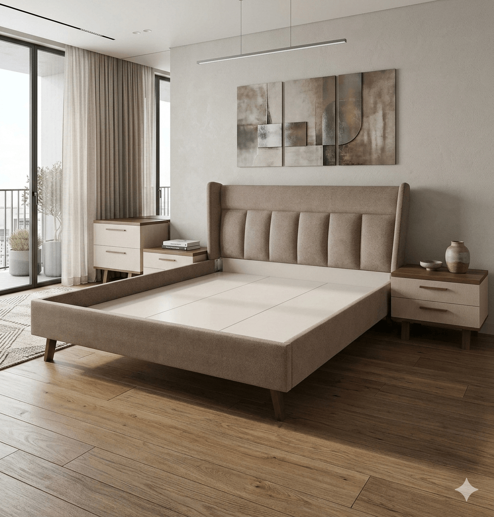 Bedroom Set Senta Full Fabric Bed 2 Nightstands + Dresser With Mirror And Shelf Beige / Walnut / Cream Bed: 180x200cm Ns: 65x47x52cm D: 120x47x77cm M: 68x66cm