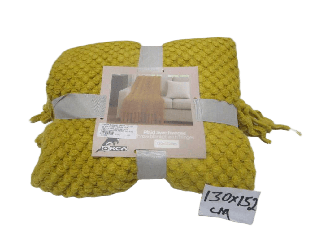 Throw Blanket, Inside 130x152, Up And Down Frange 10cm, Acrylic100%, 235gsm, With Color Card+silk Belt, Opp Bag Yellow 130x170