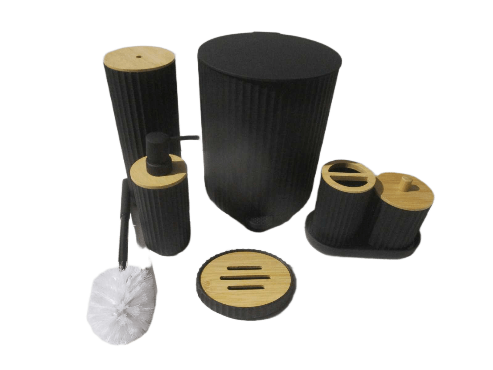 Set Of 7 Bathroom Set-Abs+bamboo Black Bin:21x21xh26 Toilet Brush:9.5x9.5xh36 Dispenser:9x9xh19 Tooth Brush Holder:7.5x7.5xh11.5msoap Holder:13x10x2.5 Plate:18.5x9.5x2.5 Cotton Buds Box:9x9xh9.5 Black Box