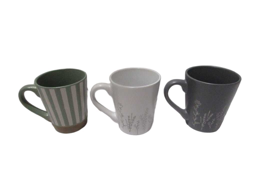 Mug Stoneware Stock Qty: 5600pcs 3 Designs Ass Green Blue Yellow 12oz D:9cm H:10.5cm