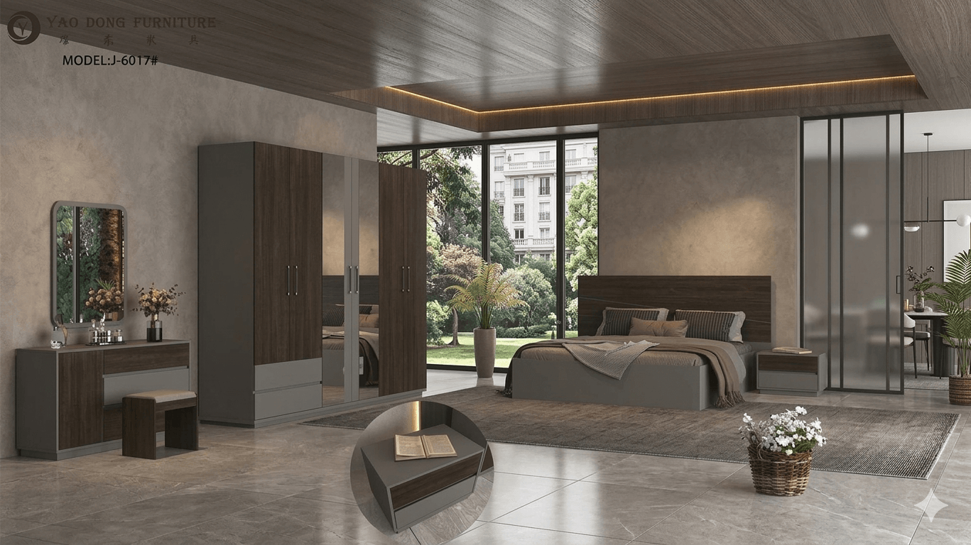 Bed 1.8m+2pcs Night Stand+dresser+mirror Mdf+melamine Bed:pvc Walnut P265-09f-09p+ Grey Dj-S0010 The Rest: Melamine: Walnut 6819+ Melamine: Grey Dj-S0010+
