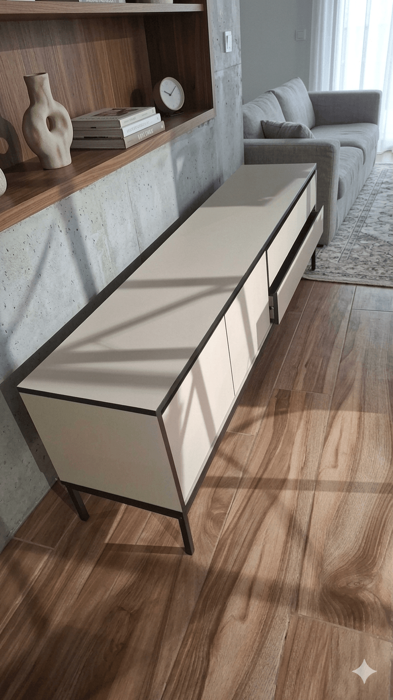 Tv Unit Melamine With 2 Doors And 2 Drawers With Metal Legs Lorenza 17407 Color: Crema - Negro 180x40x55cm