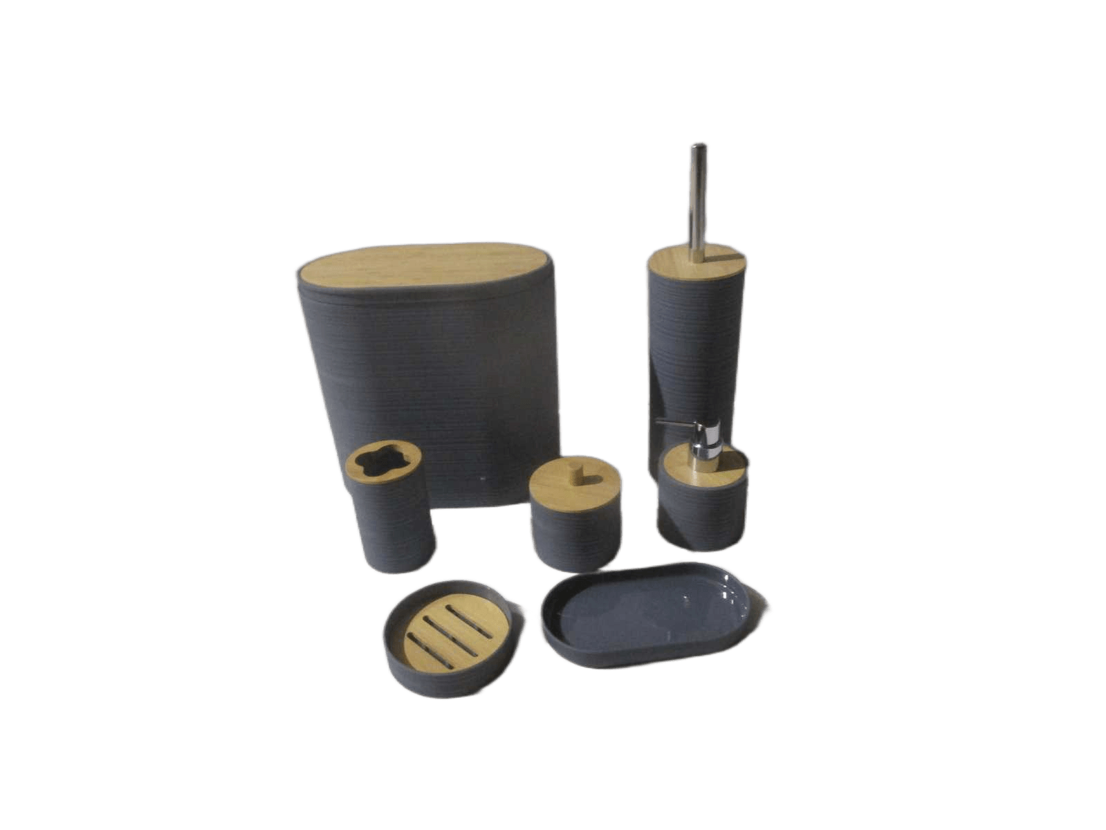 Set Of 7 Bathroom Set-Abs+bamboo Gray Bin:26x16,5xh24.5 Toilet Brush:9.5x9.5xh36 Dispenser:9x9xh12.5 Tooth Brush Holder:7x7xh11 Soap Holder:11x11x3 Plate:18.5x9.5x2.5 Cotton Buds Box:9x9xh9.5 Black Box 00146