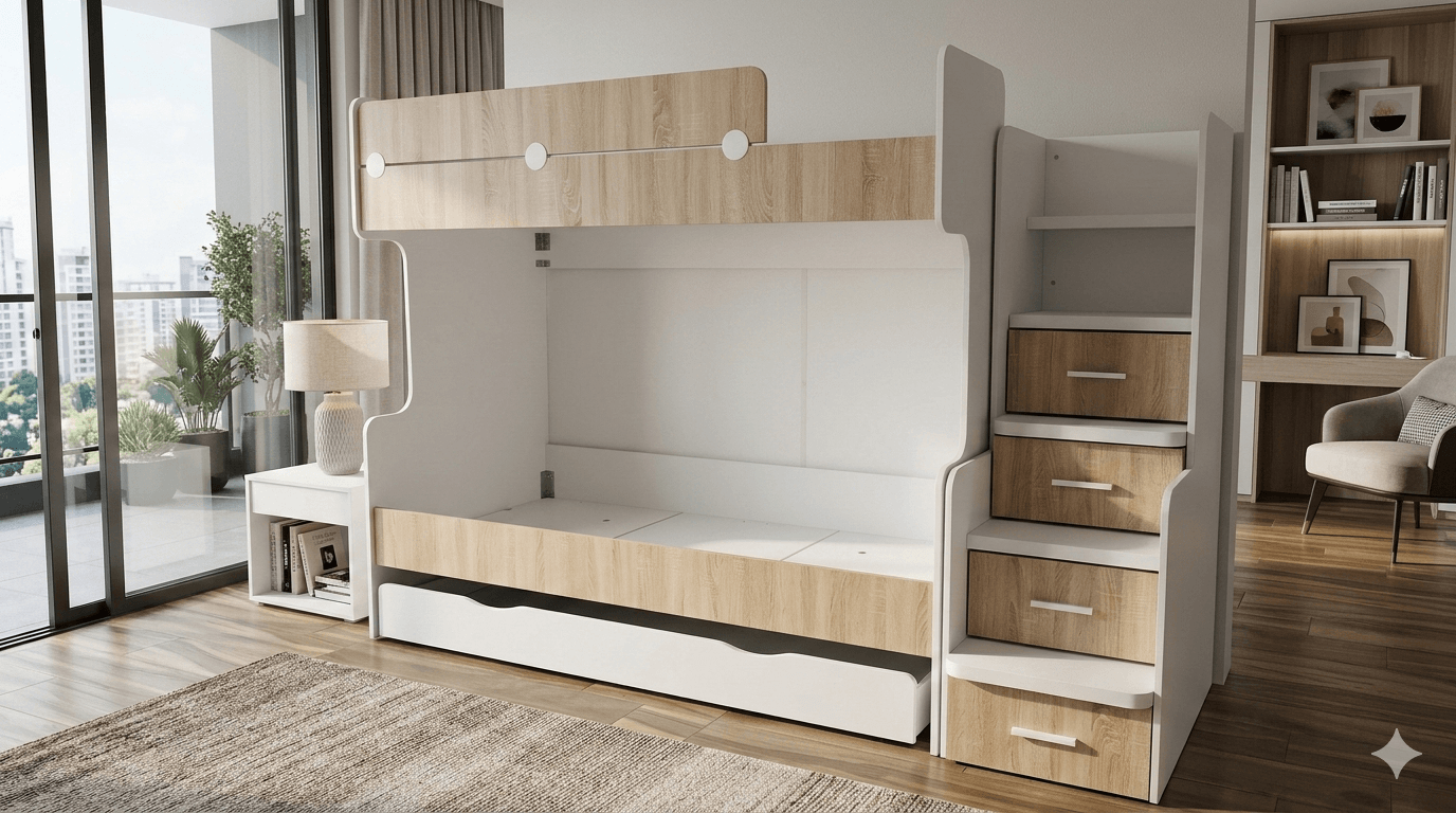 Bunk Bed Kids New Complex Bunk Bed + Pull Out Bed White / Walnut 90x200cm 90x200cm