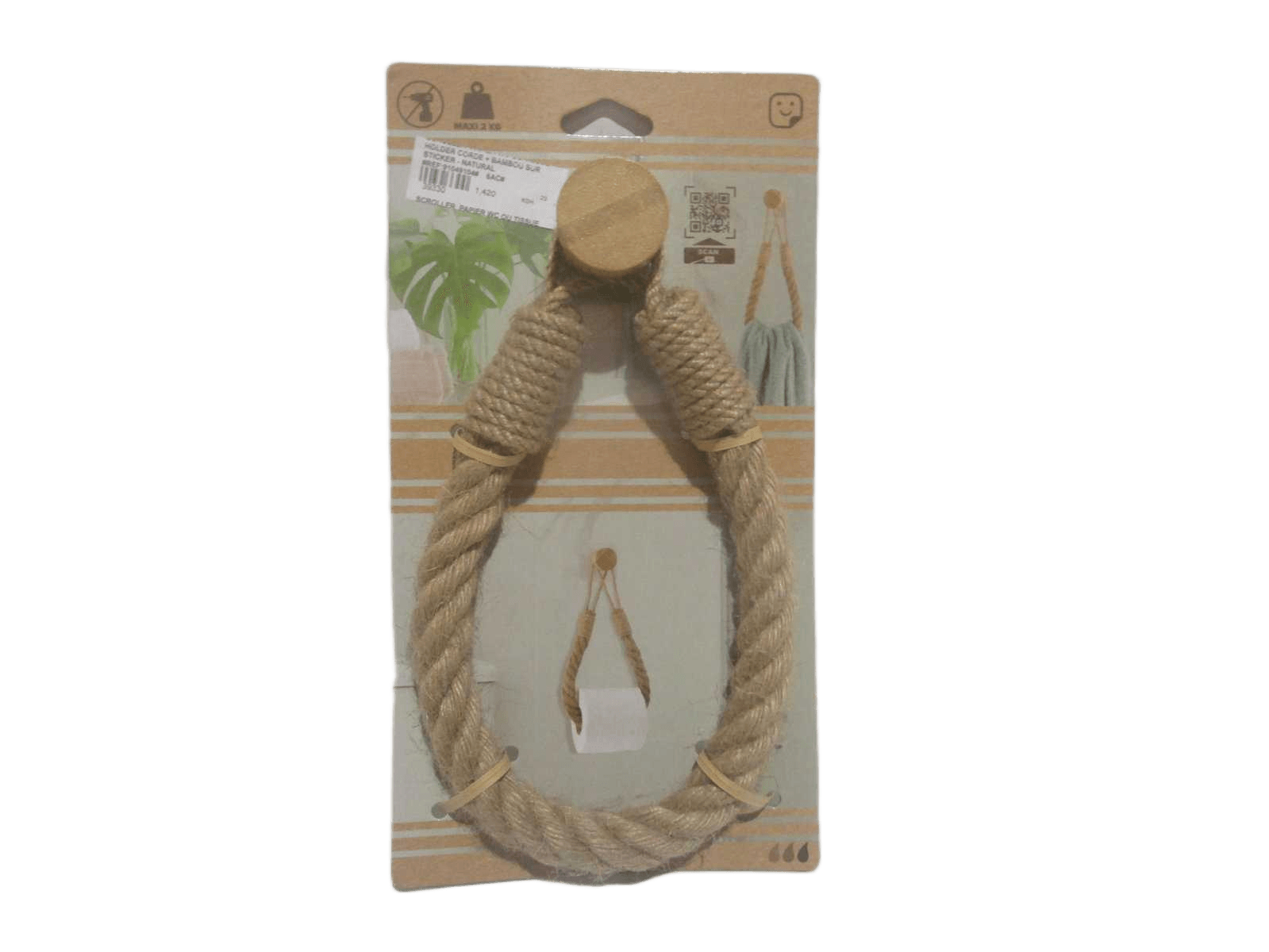 Scroller Papier Wc Ou Tissue Holder Corde + Bambou Sur Sticker - Natural
