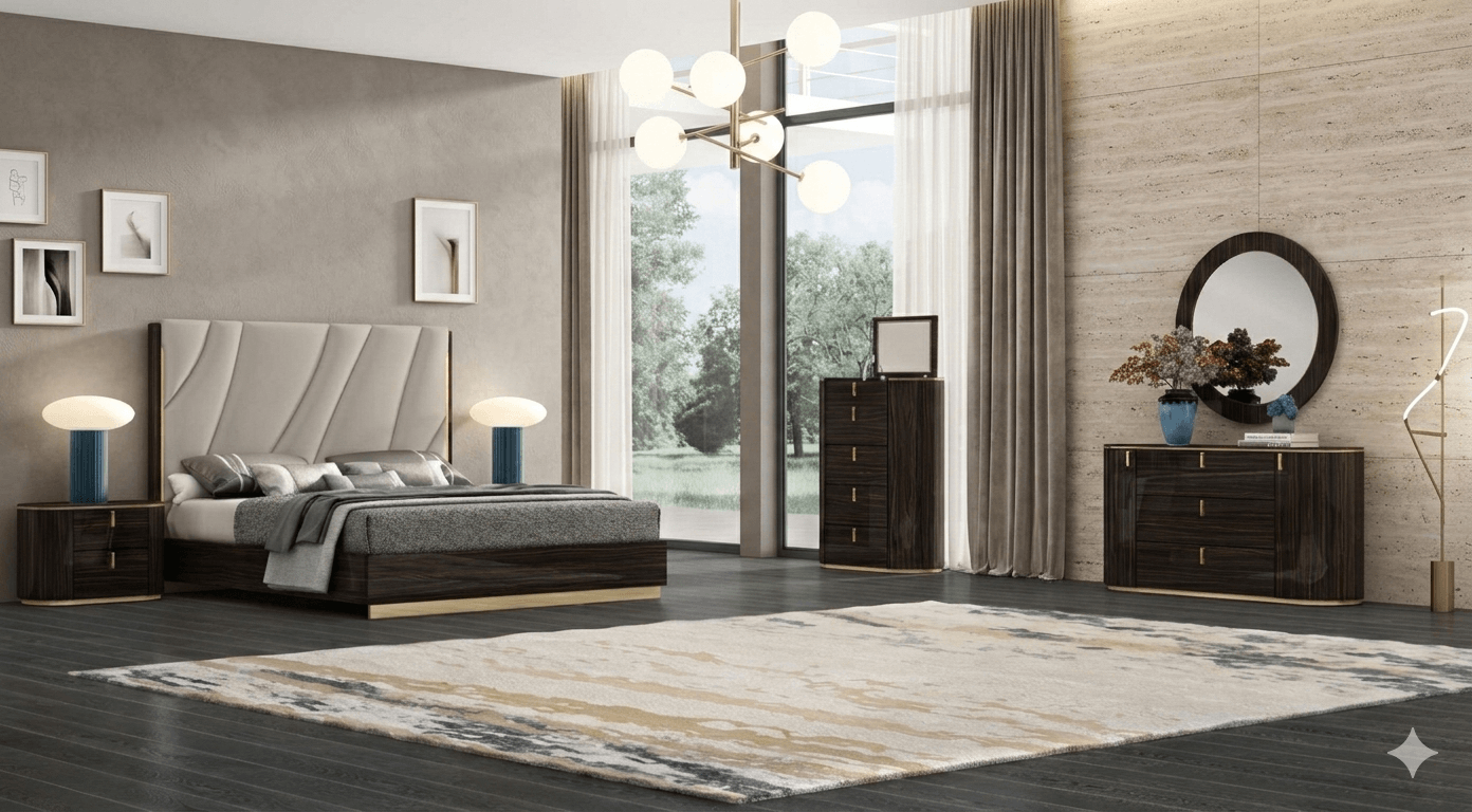 Bed 1830x2030 + 2 Night Stand + Dresser 6 Drawers + Mirror Ebony(1015-1 Hg)+brushed Titanium Goldb:1830x2030x1480 Ns:785x450x515 D:1635x450x810 M:1050x20x1050 8cl=