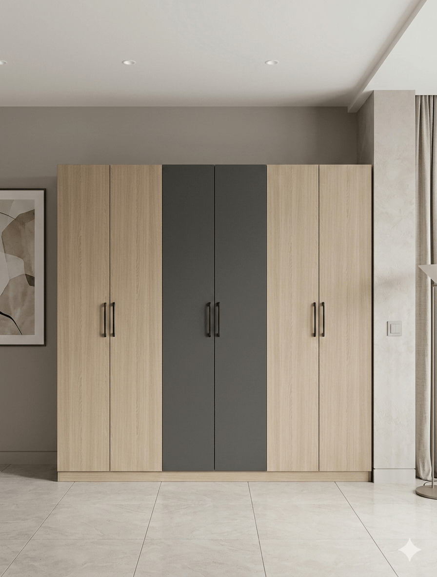 Wardrobe 6-Door 15mm Door Mdf+melamine,with Black Iron Handle Dk Grey+ Dk.oak 2400x520x2100