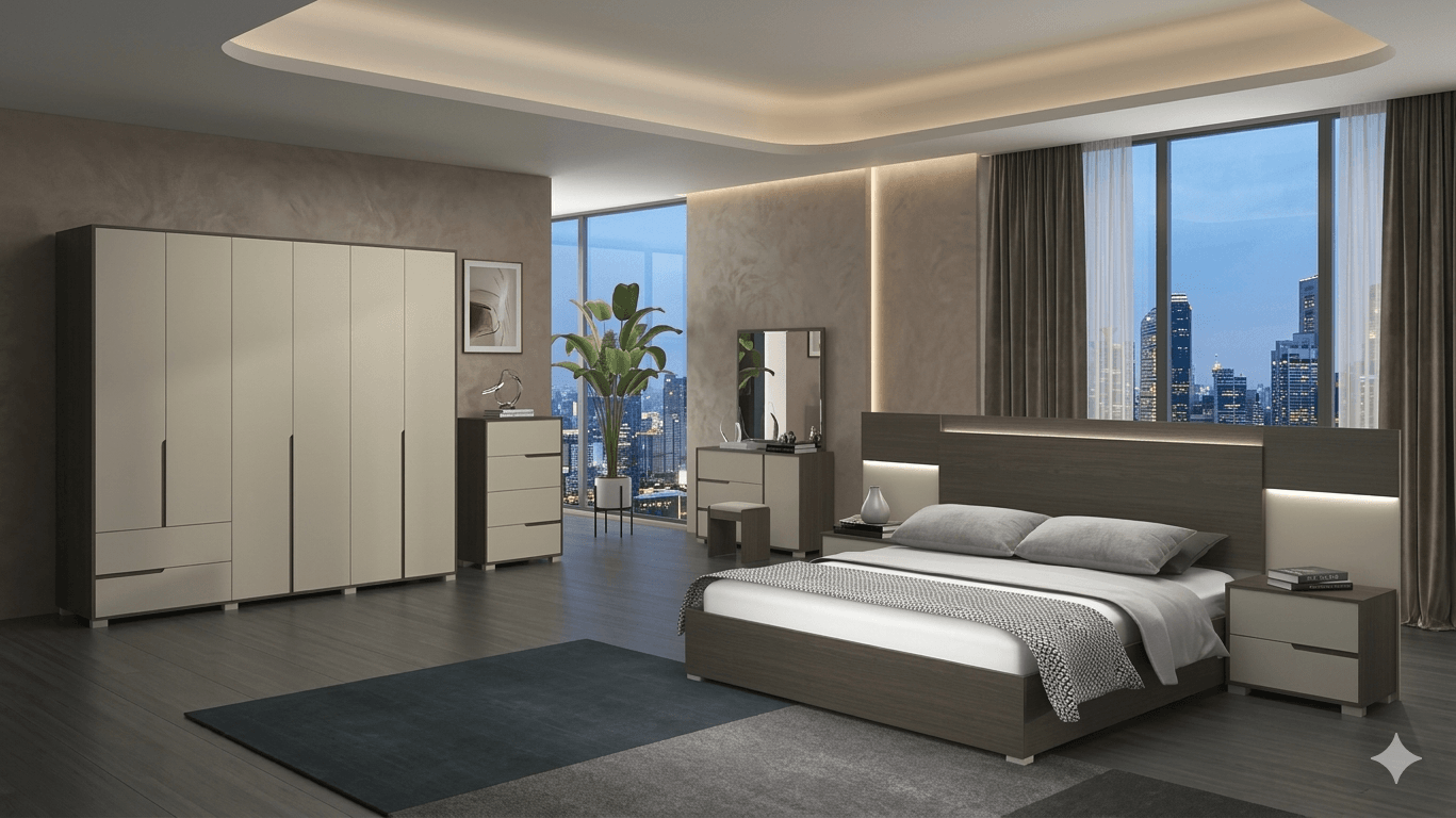 Bed 1.8m+2pcs Night Stand+dresser+mirror Mdf+melamine Melamine: Beige Dj-S0097+ Grey Oak 665