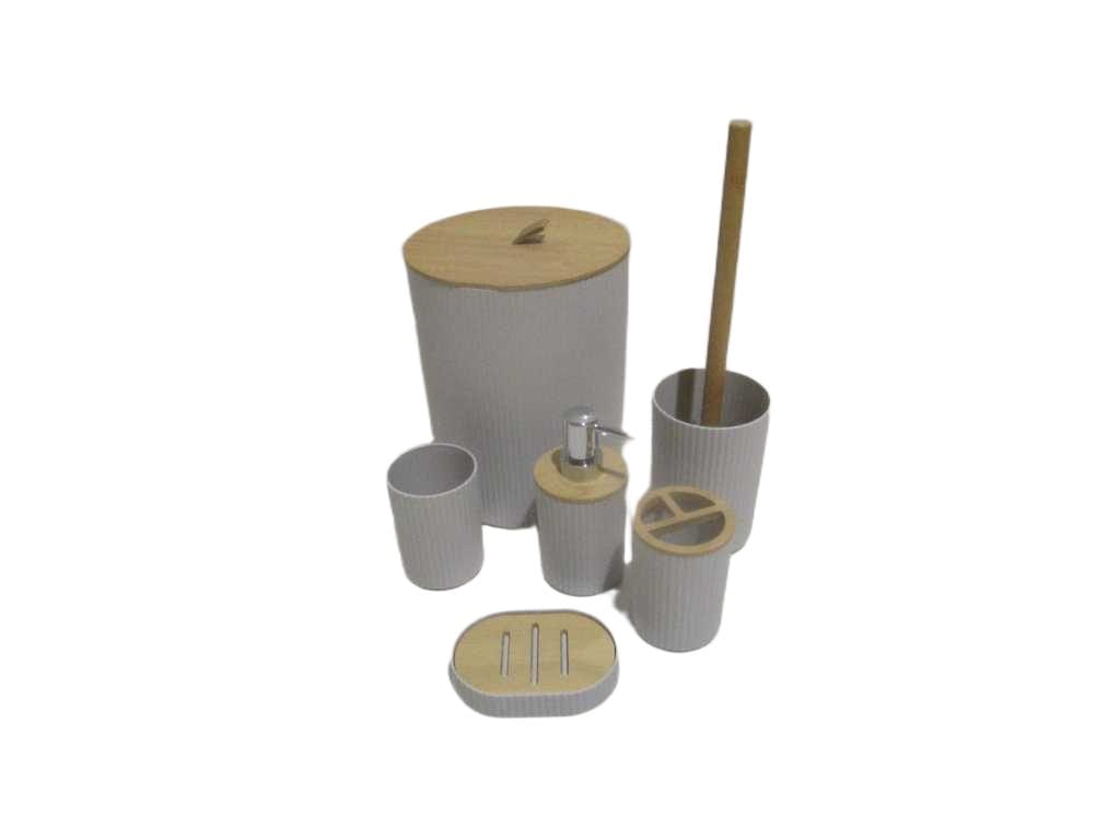 Bathroom Set Of 6 , Pp+bamboo Soap Dispenser+tumbler+tooth Brush Holder+toilet Brush+soap Dish+dust Bin Colorbox Light Grey