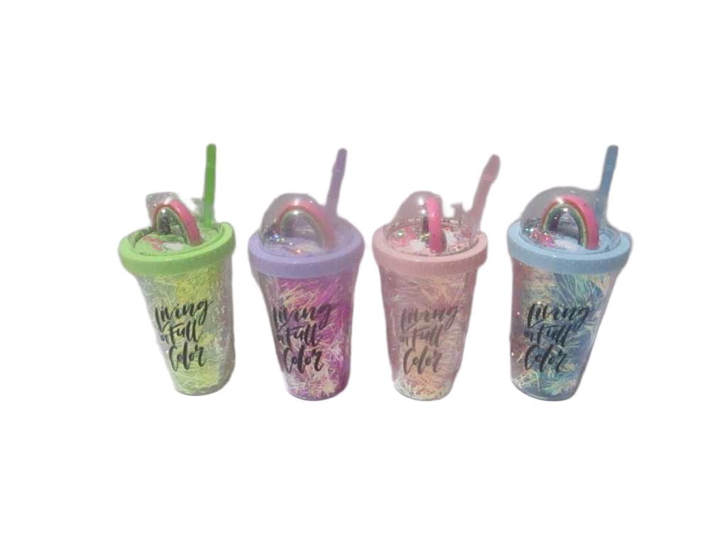 Cup With Straw Laser Color Bar With Rainbow Deco In The Cover Double Wall Ps Bubble Bag Packing Blue Purple Pink Green Ass 450ml