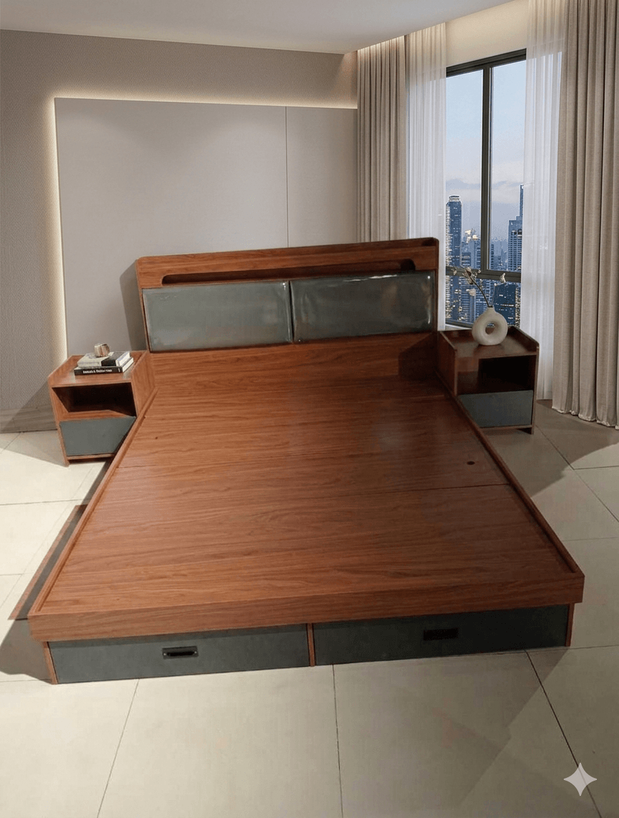 Bed 1.6m With Two Night Stands Bed:25mm Mdf+melamine, Nst:15mm Top Mdf+melamine Walnut+dk.grey Bed:1600x2000x1000 Nst: 400x500x400 Dresser With Mirror And Stool /8602