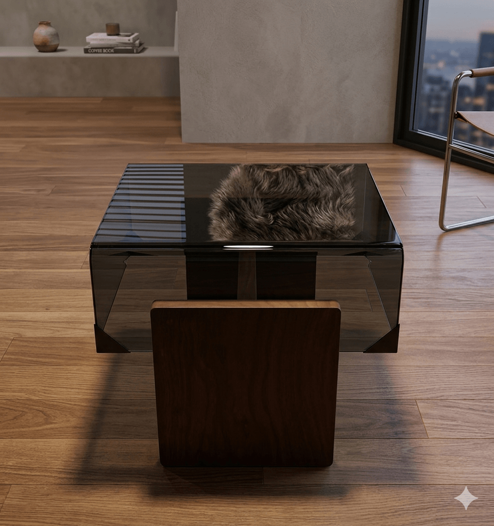 End Table 12mm Glass, Wood Feet Grey Glass Walnut Leg 45*40*45