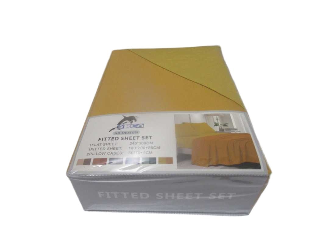 Flat Sheet Set Of 4pcs 240x300cm( Dark Yellow 108) Fitted Sheet 180x200 +25 Cm(Yellow 101) 2 Pillow Cases 50x70 +5 Cm(Yellow 101) 105gsm 100% Polycotton With Good Package Our Packing:pvc Bag Pilow & Fitted Sheet Same Color Yellow 101 Flat Sheet Dark