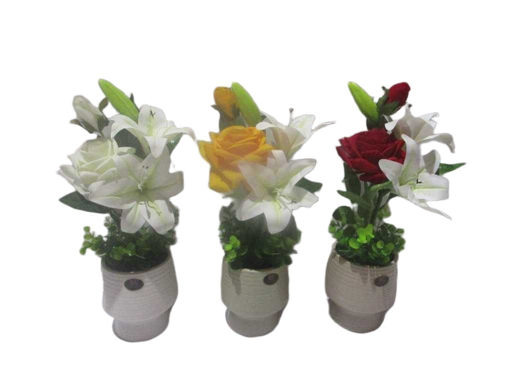 Pot Ceramic 1l+1s Rose + 1l Lily, W 3 Assorted H40cm Col 1: Red Rose+white Lily+taupe Pot Col 2: White Rose+white Lily+white Pot Col 3: Yellow Rose+white Lily+green Pot