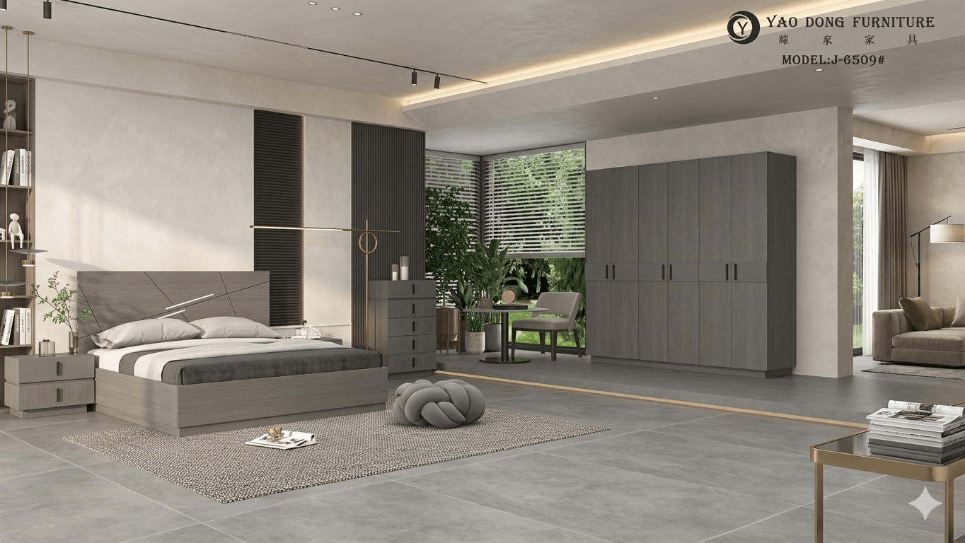 Bed 1.8m+2pcs Night Stand+dresser+mirror Mdf+melamine Headboard Dark Grey Pvc: 256-96-4c The Rest: Melamine: Dark Grey Oak 665 +grey Dj-S0010