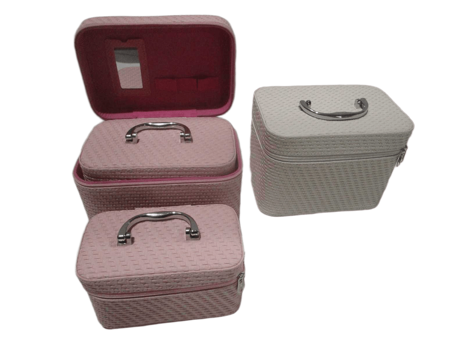 Cosmetic Box Set Of 3 Eco Pu With Mirror Opp Bag Pink With Pink Zipper White With White Zipper Ass L:23x15x16.5 M:21x13x13.5 S:19x10x10.5