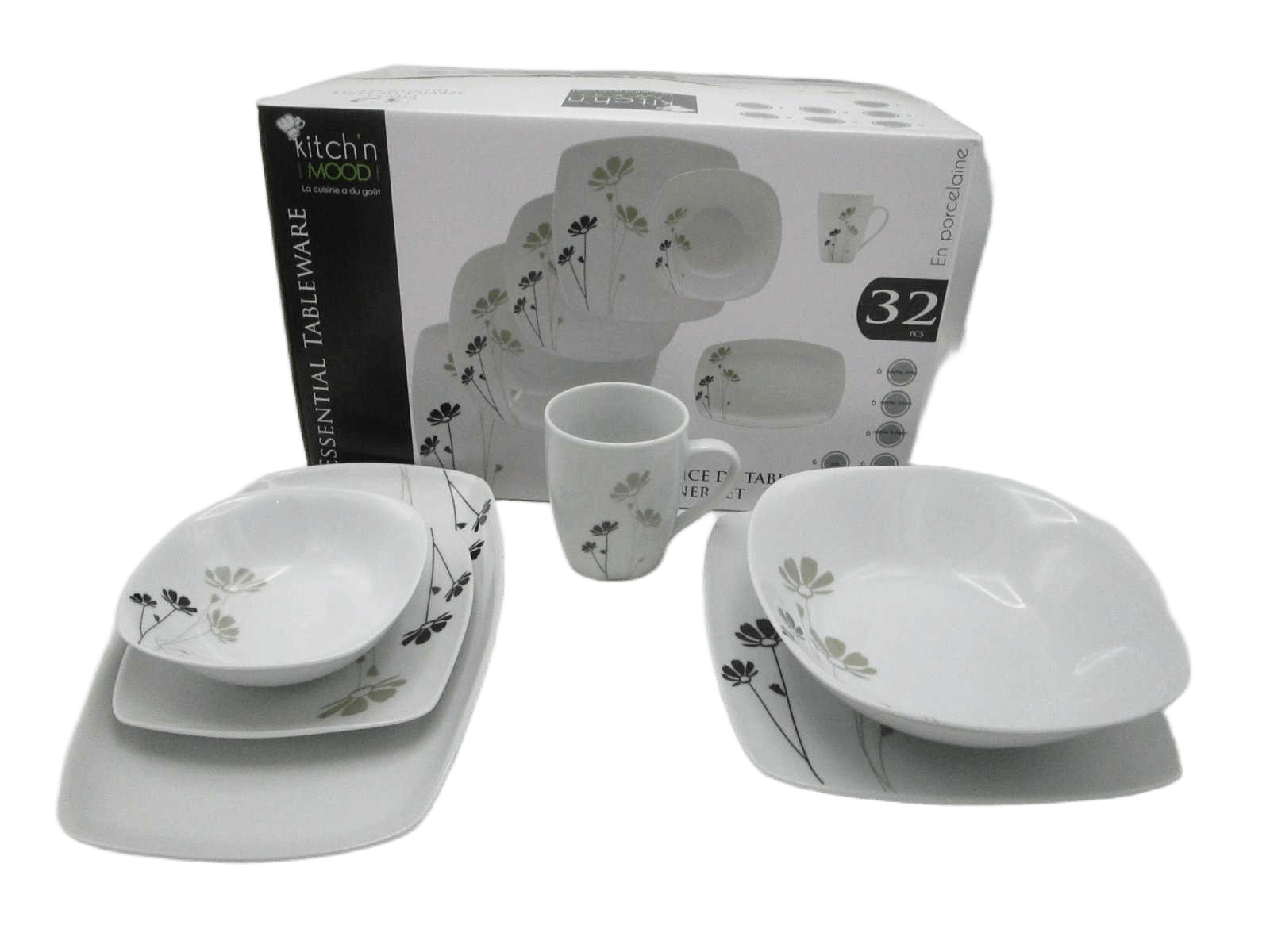 32pcs Square Dinner Setporcelain10.5"dinner Plate*6, 8"soup Plate*6, 8"dessert Plate*6, 6"bowl*6, 12oz Mug*6, 12"fish Plate*1, 9"deep Soup Plate*1