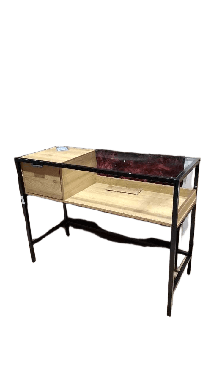 Console Melamine, Iron Frame 4.3mm Tempered Glass Iron Black/ Wood Oak 100*40*75