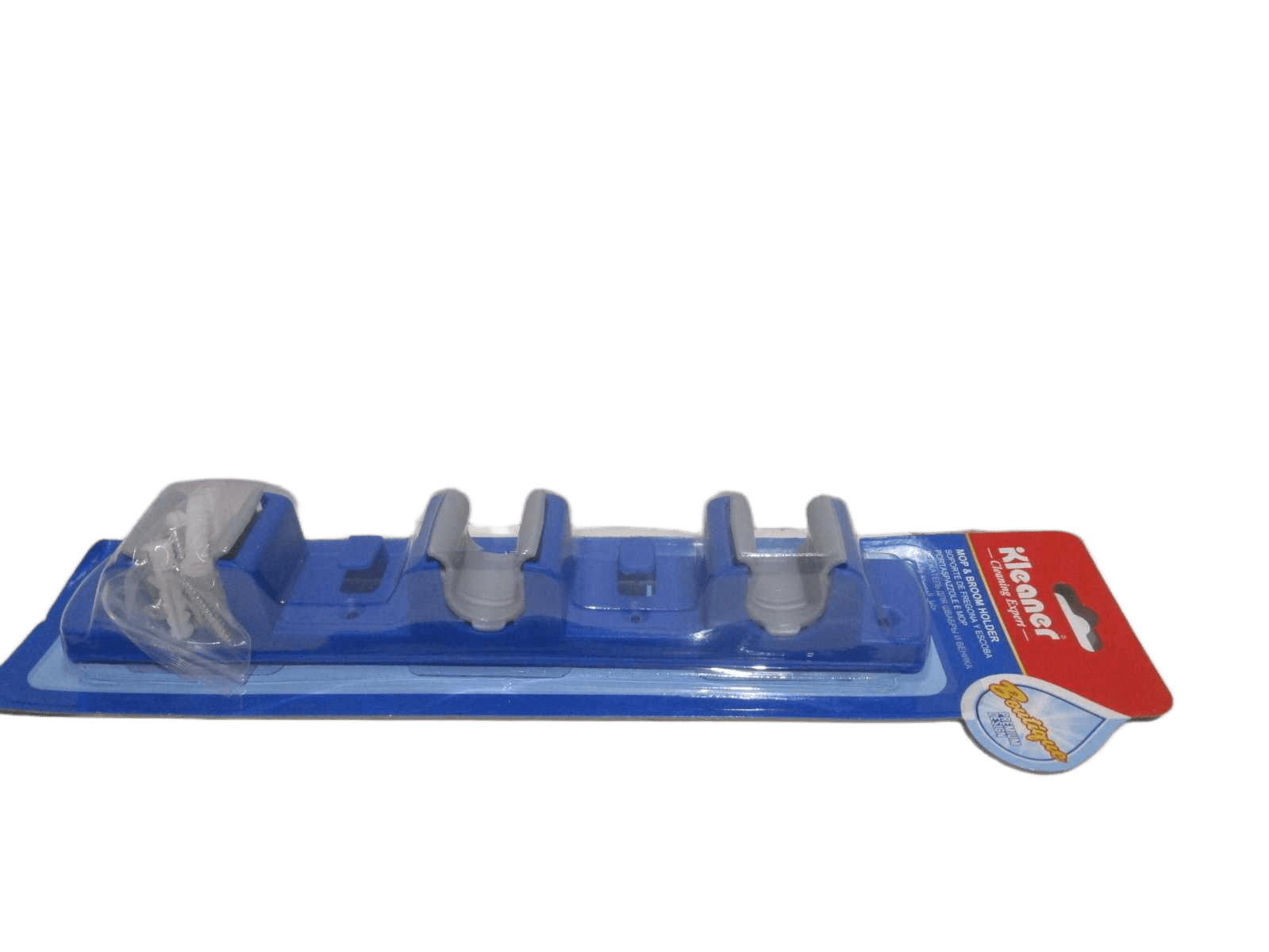 Mop & Broom Holder Each Size:26.8*4.1*3.9cm Plastic Holder 3 Position. Wall Hooks Strong Glue.blister Box Packing Per Set. Weight Capacity:approx 3kg Blister Box+paper Card Blue 1cl=