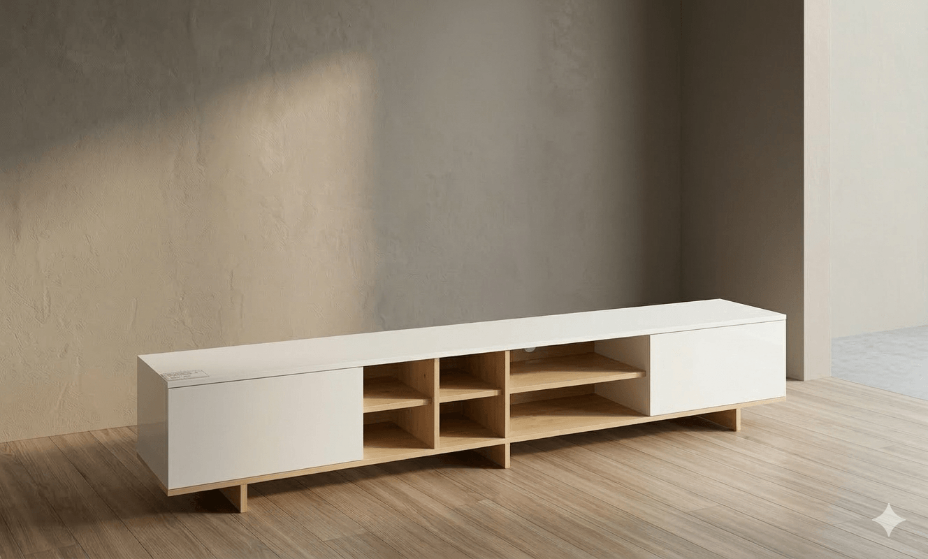 Tv Unit With 3 Shelves And 2 Drawers Cequoia 17294 Melamine Color: Roble - Blanco 230x35,6x44cm