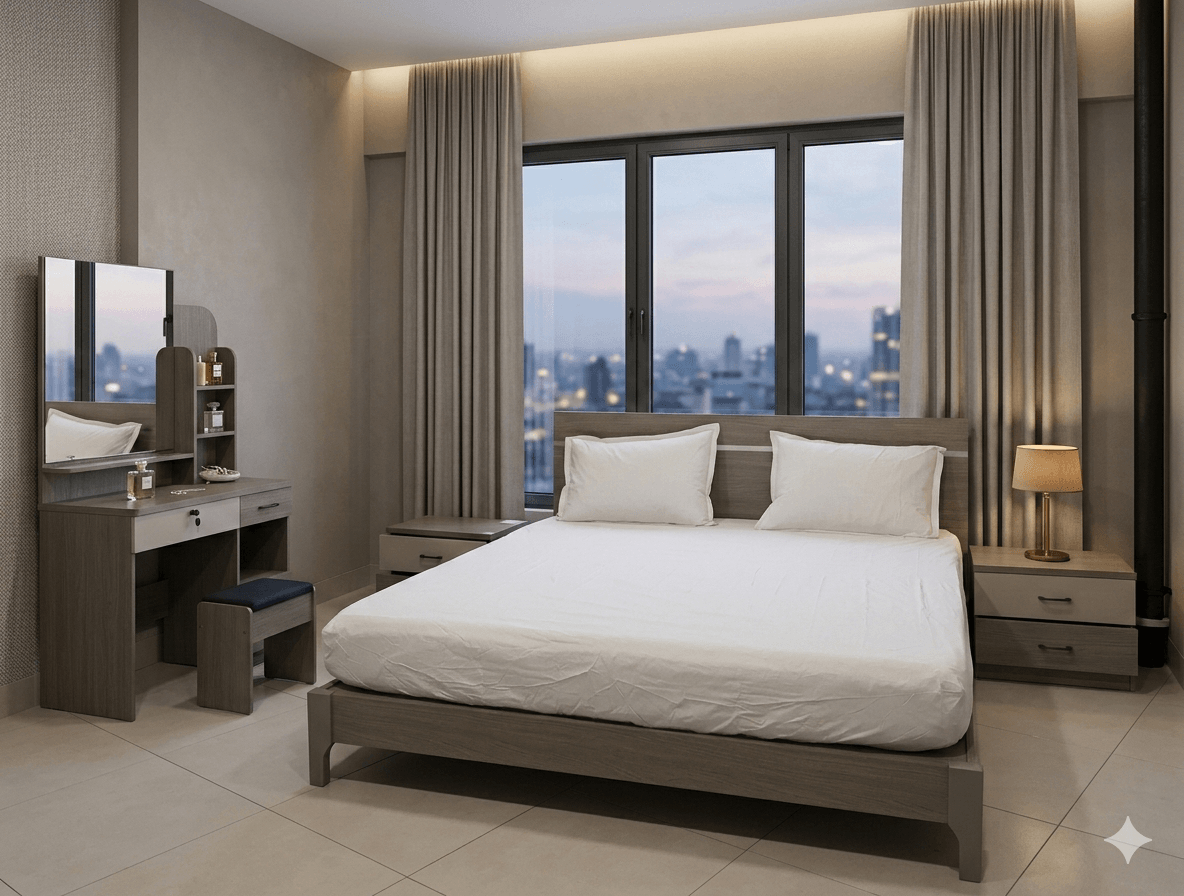 Bed Lt Grey 1800x2000x1000+2ns + Dresser With Mirror And Stool /A2 /623