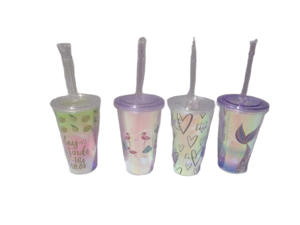 Cup With Straw-Laser Pattern Double Wall Ps Bubble Bag Packing Mermaid Heart Flamingo Lemon Ass 450ml