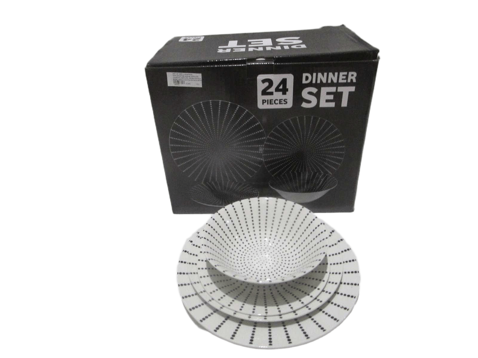 Set Of 24pc 4 Shapex6, 6xplate27cm Xh2cm, 6xplate 23cmxh2, 6xplate 20cmxh2cm,6x Bowl H5x17.5 In Color Box With The Correct Photo Outside Black Point Ray, White Back