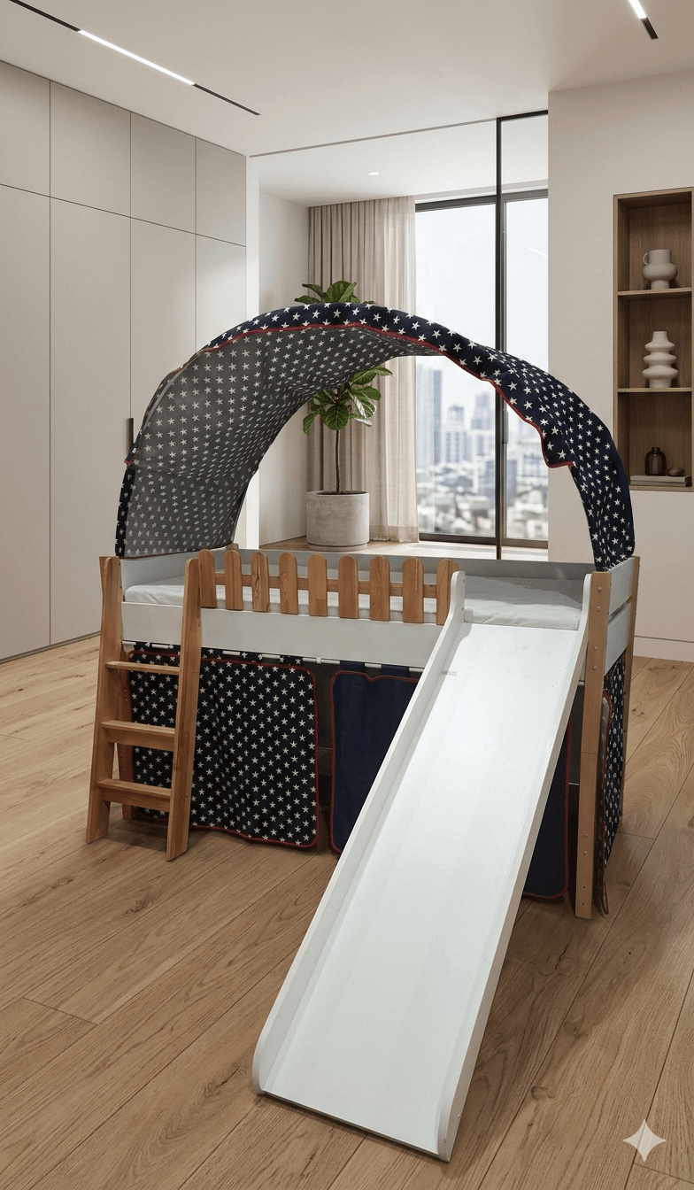 Kids Bed My House Play House Double + Slide + Star Curtins + Bed Sheet + Soft Toys (4pcs) + Curtains + Stairs Blue / White / Walnut 90x200cm