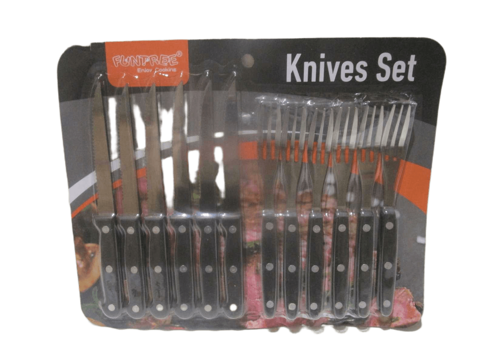 Cultery Set-12pcs Meat Knives+meat Forks Half Plastic Handle,2cr13 Stainless Steel Blister Cardblack