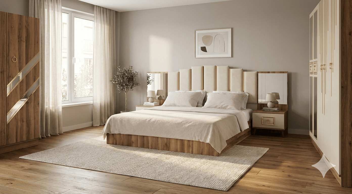 Bedroom Bed With 2 Nightstand And Dresser With Mirror B: 180 X 200 Ns: 45 X 40 X 40 D: 90 X 165 X 90